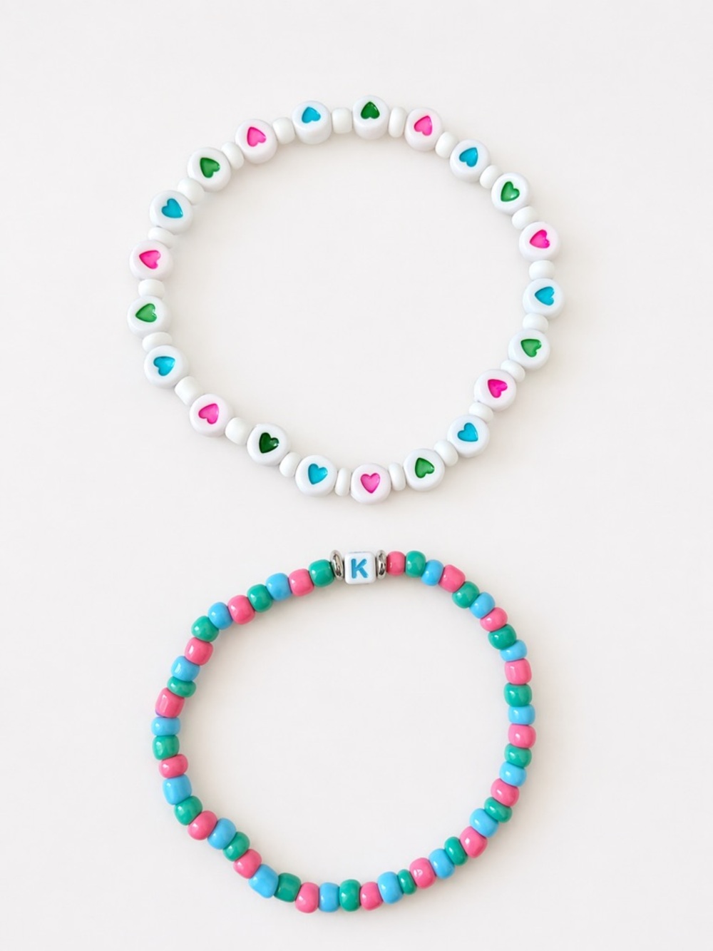 Pastel Heart & Initial Beaded Bracelet Set 8”